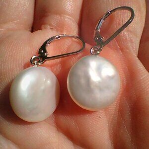 Honora sterling silver white 8mm coin pearl leverback dangle earrings for pierce
